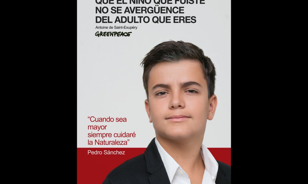 El cartel del candidato del PSOE, Pedro Sánchez. GREENPEACE