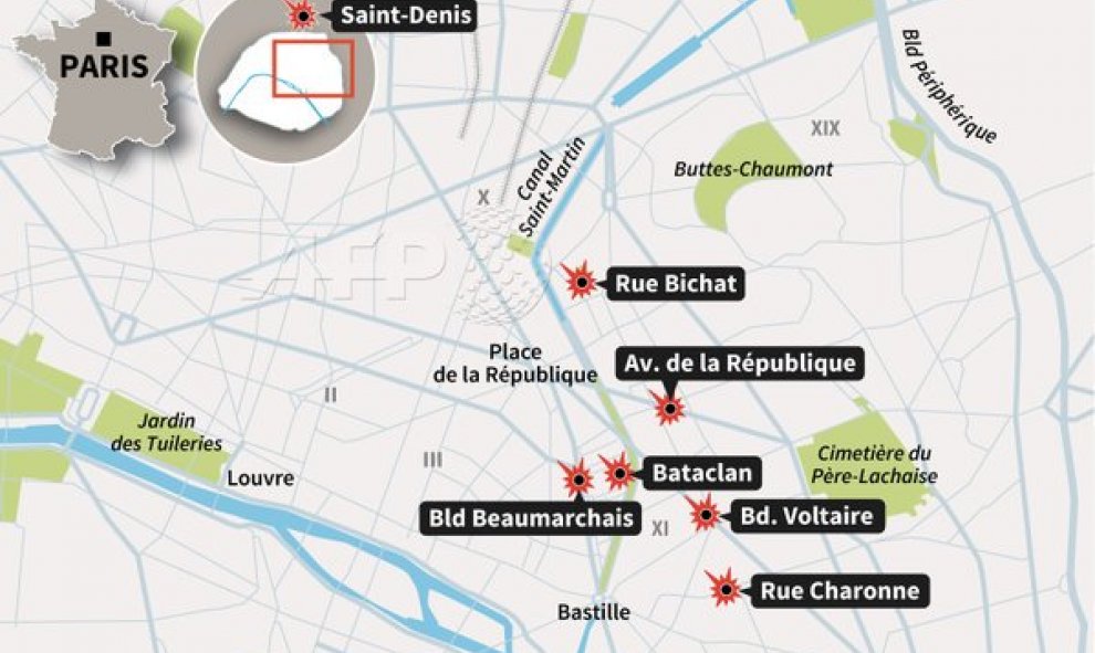 mapa atentados París. AFP
