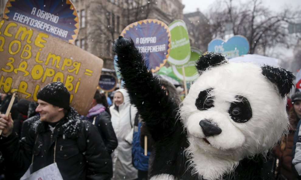 Un manifestante disfrazado de panda en Kiev , Ucrania. REUTERS / Valentyn Ogirenko