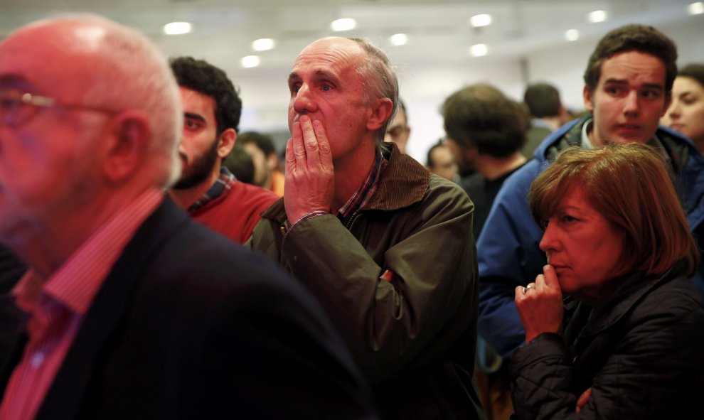 Caras de preocupación en el hotel Eurobuilding de Madrid, donde los simpatizantes de Ciudadanos siguen los resultados de las elecciones generales./REUTERS/Susana Vera