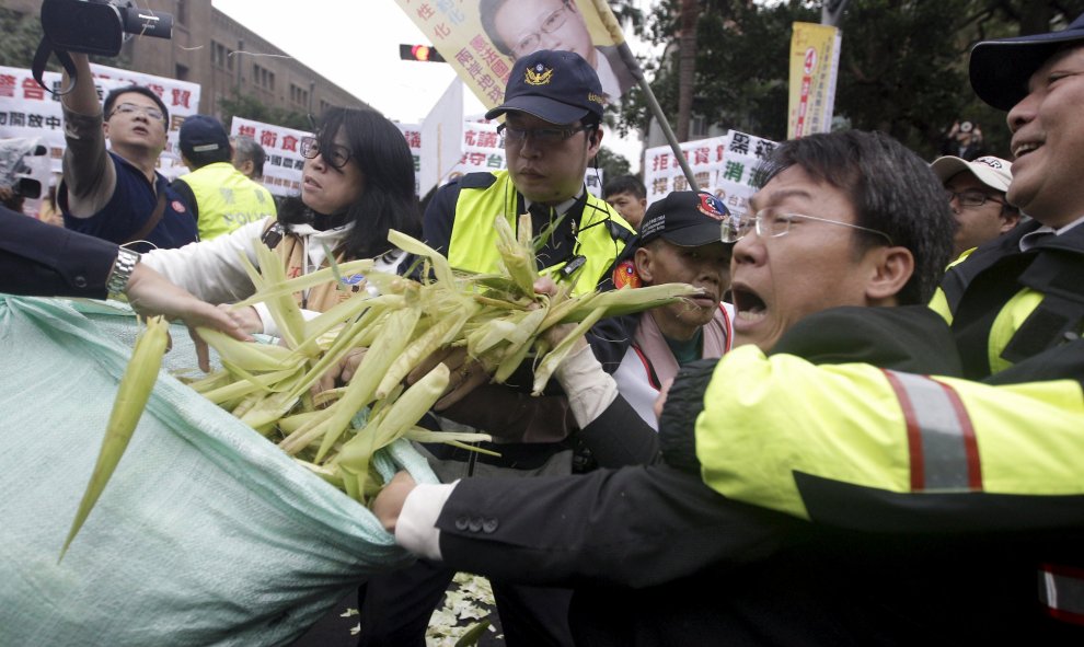 Activistas se enfrentan con agentes de la policía, mientras intentan tirar maíz durante una protesta contra el acuerdo comercial con China frente a la Consejería de Agricultura en Taipei, Taiwan. REUTERS/Pichi Chuang