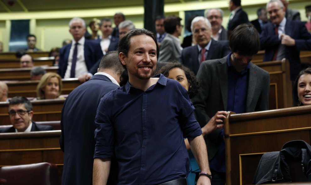 El líder de Podemos, Pablo Iglesias, a su llegada a la sesión constitutiva de la Cámara Baja.- EFE