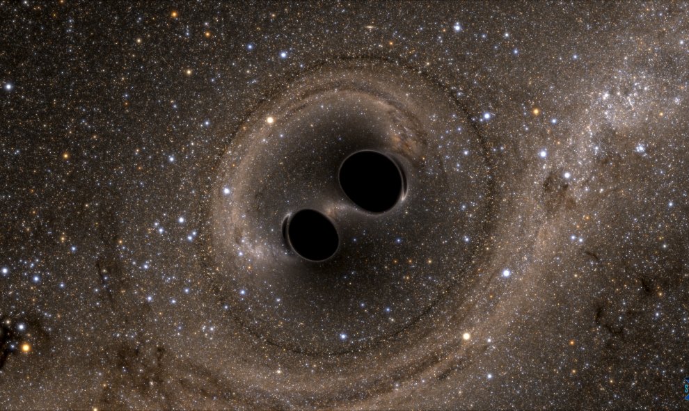 La colisión de dos agujeros negros a partir de una simulación por ordenador presentada en Washington. REUTERS