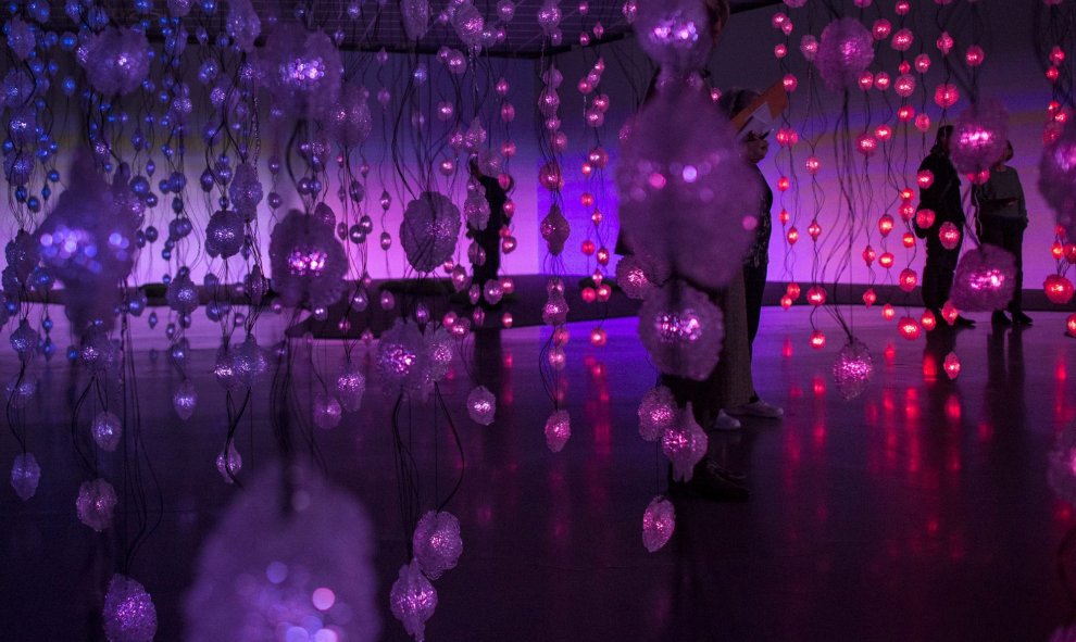 Un hombre observa la instalación de la artista suiza Pipilotti Rist 'Pixewald' (Bosque Pixelado) durante la presentación a los medios de su exposición en el Kunsthaus en Zúrich, Suiza. EFE/Ennio Leanza