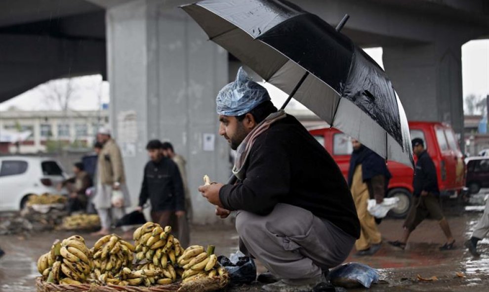 Un vendedor se cubre de la lluvia con un paraguas en Peshawar (Pakistán). EFE/Arshad Arbab