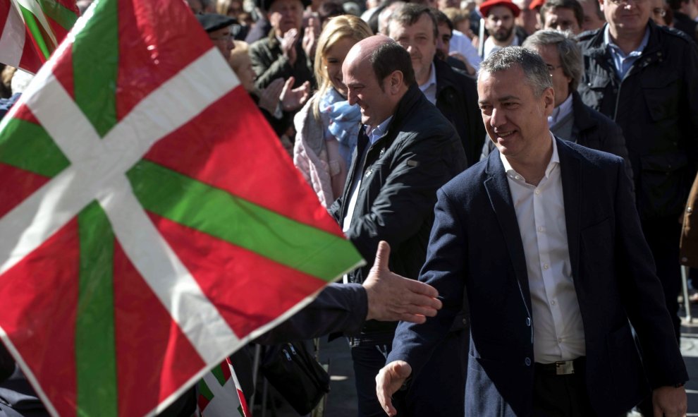 El lehendakari, Iñigo Urkullu, durante la celebración del Aberri Eguna, Día de la Patria vasca,  en Bilbao. El Euskadi Buru Batzar ha propuesto  a Urkullu como candidato a lehendakari a las próximas elecciones autonómicas y él ha aceptado presentarse a la