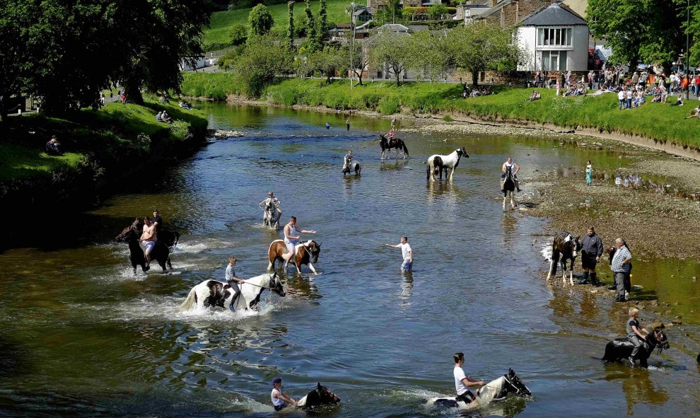 Miembros de una comunidad viajera lavan sus caballos en el río Eden durante la feria del caballo en Appleby-in -Westmorland al norte de Reino Unido. REUTERS/Phil Noble