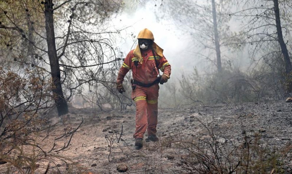 Un brigadista forestal trabaja en el frente del incendio forestal en la localidad de la Barraca de Aguas Vivas, Valencia. EFE/Manuel Bruque.