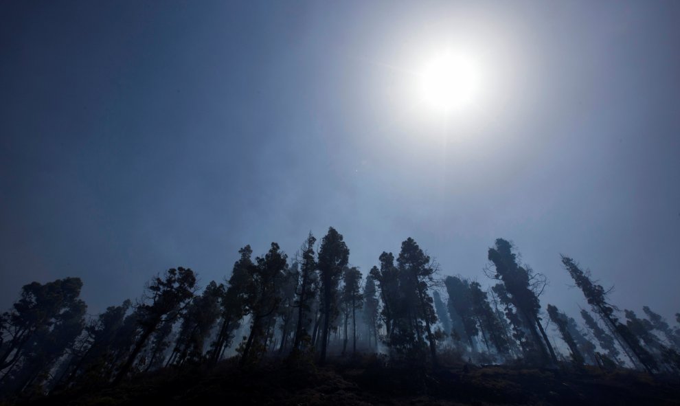 El humo del incedio visto desde el municipio de Fuencaliente. REUTERS/Borja Suarez