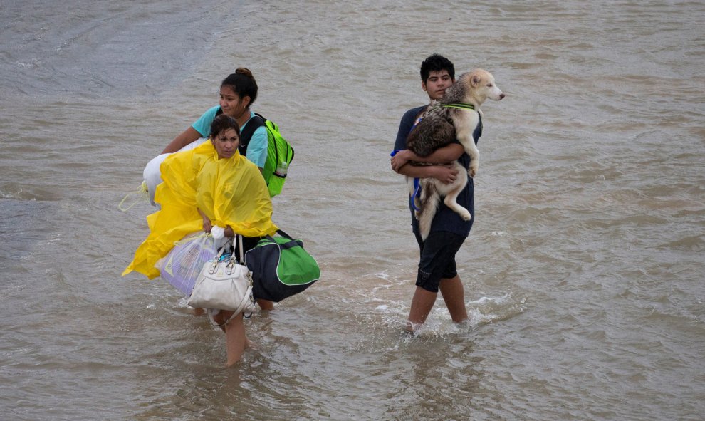 Una familia lleva sus pertenencias y su perro mientras es evacuada por las inundaciones de la tormenta tropical Harvey, en Houston, Texas, (EEUU).- REUTERS/ Adrees Latif