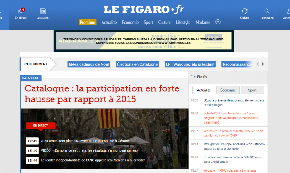 El periódico francés Le Figaro destaca como información principal en su portada las elecciones con un titular en rojo que dice 'Catalunya: la participación en fuerte aumento en lo que respecta a 2015'