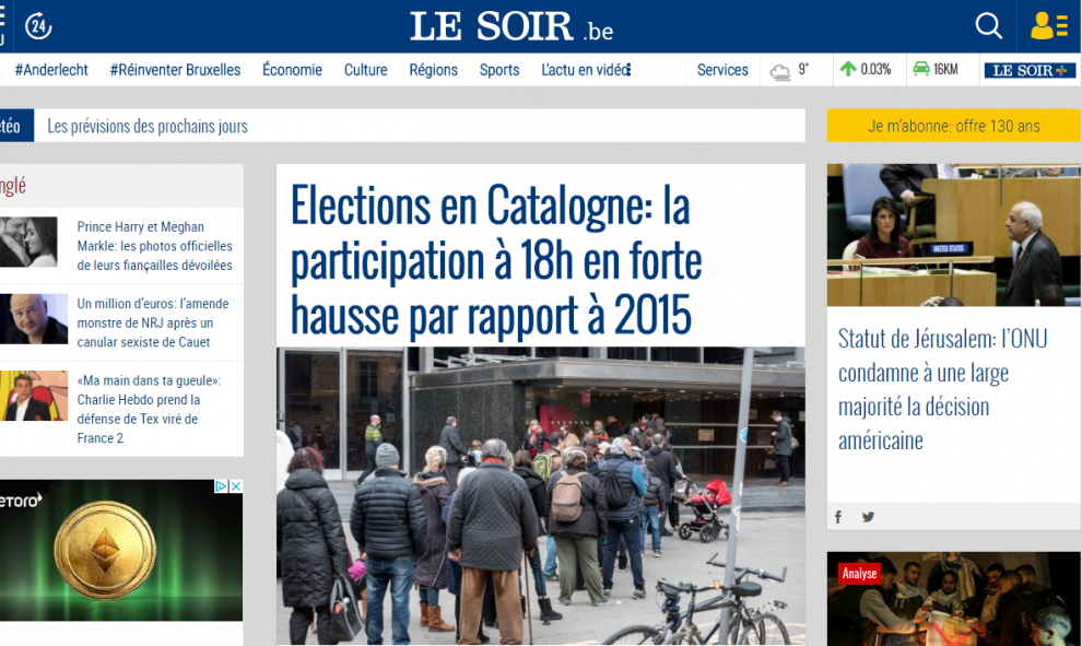 El periódico belga Le Soir, muy interesado en la cuestión catalana, destaca en el centro de su portada (siendo la noticia más grande de todas) 'Elecciones en Catalunya: la participación a las 18h crece ampliamente en comparación a 2015'