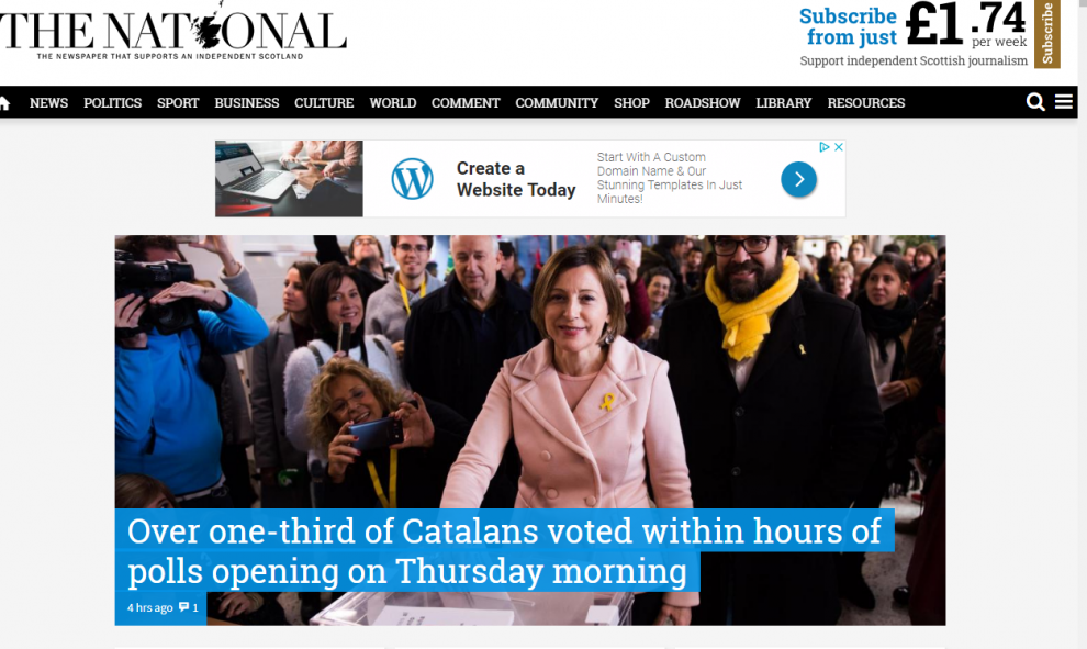 El diario a favor de la independencia de Escocia, The National, abre con una foto de Carme Forcadell y le dedica todo el espacio de la portada bajo el título 'Más de una tercera parte de los catalanes han votado en las primeras horas de la mañana'