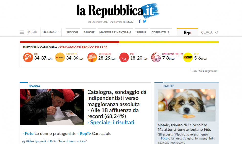 El italiano La Reppublica dedica su portada enteramente a las elecciones catalanas, primero aparecen las estimaciones de escaños por partidos y después el seguimiento de las elecciones actualizado.