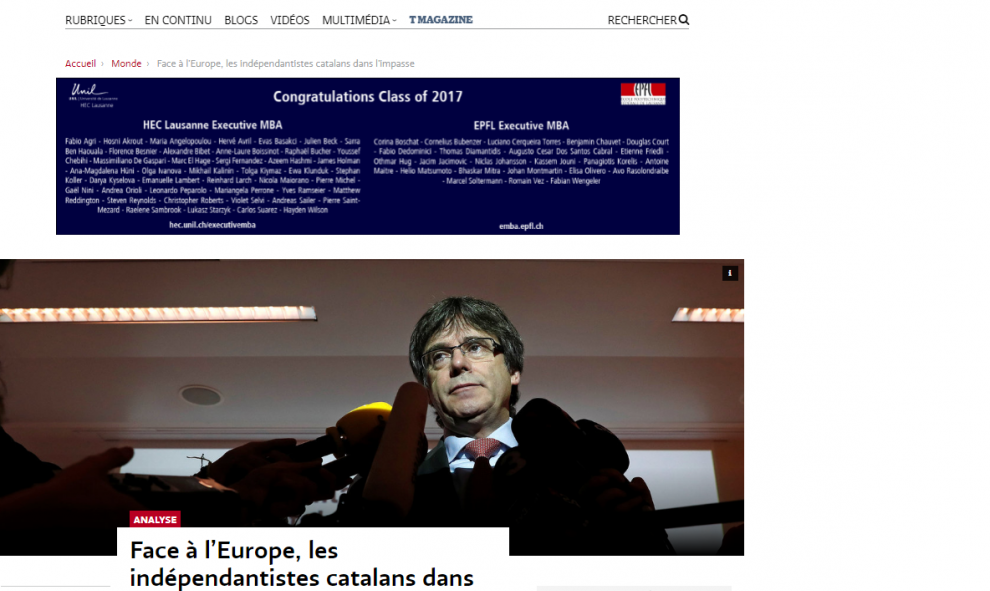 El diario suizo Le Temps destaca las elecciones como segunda noticia más importante con una foto de Carles Puigdemont con el titular ' Frente a Europa, los independentistas catalanes en un impas'