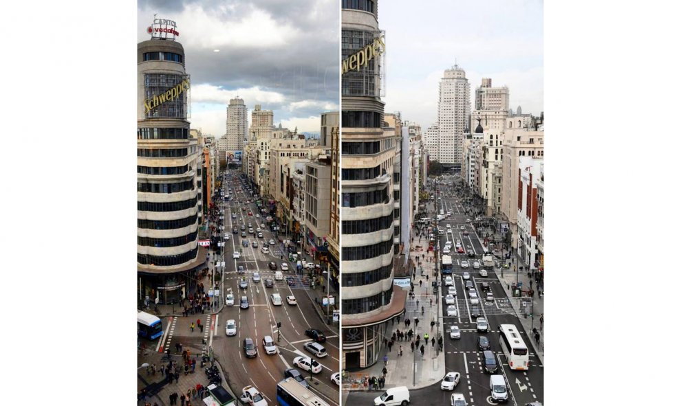 Antes y después de las obras en la Gran Vía de Madrid.- AYUNTAMIENTO DE MADRID