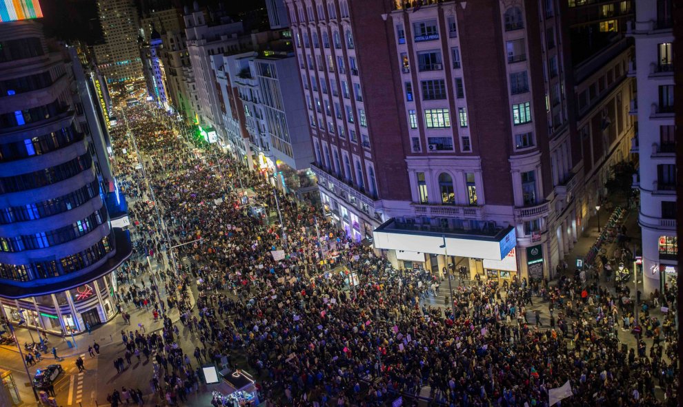 Vista de la manifestación del 8M en la Gran Vía de Madrid.- JAIRO VARGAS