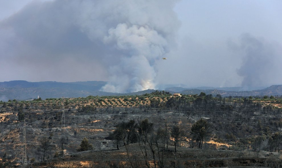 El incendio forestal que quema desde la tarde de ayer en varios términos municipales de la comarca tarraconense de Ribera d'Ebre sigue descontrolado y afecta ya a más de 4.000 hectáreas. EFE/ Jaume Sellart