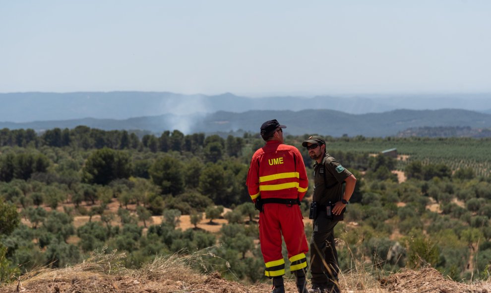 28/06/2019.- Un Agente Rural y un miembro de la Unidad Militar de Emergencias durante las tareas de extinción del fuego en la zona afectada por el incendio de la Ribera d'Ebre (Tarragona). / EFE - MARIO GASCÓN