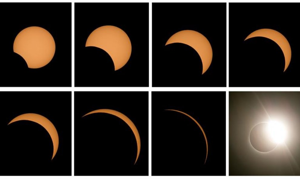 Combo de 8 fotografías que muestra las diferentes fases del eclipse solar total este martes, desde el Observatorio de La Silla, situado en la región de Coquimbo (Chile). EFE
