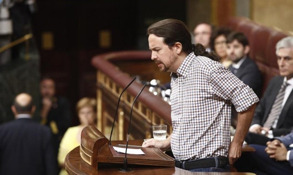 El secretario general de Podemos, Pablo Iglesias, durante su intervención en el Congreso de los Diputados. Europa Press