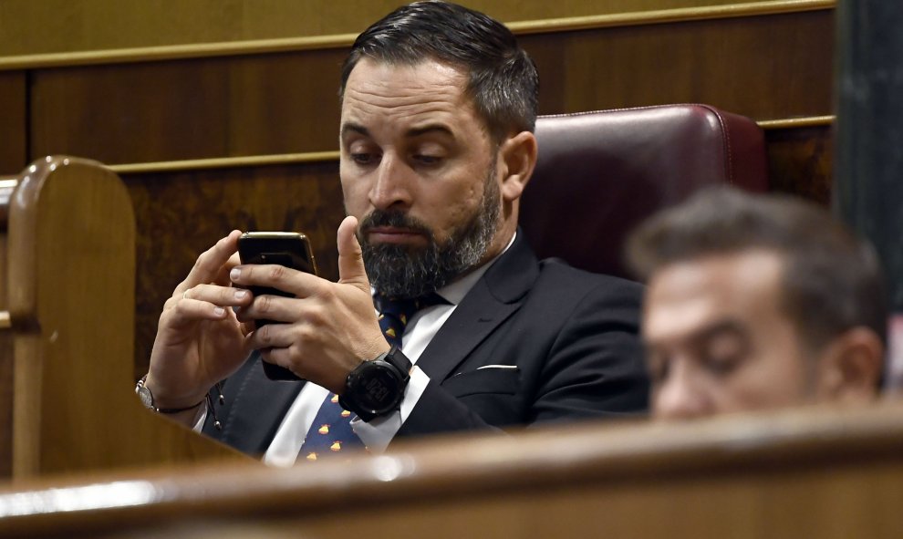 El líder de Vox, Santiago Abascal, durante su intervención. AFP/Óscar del Pozo