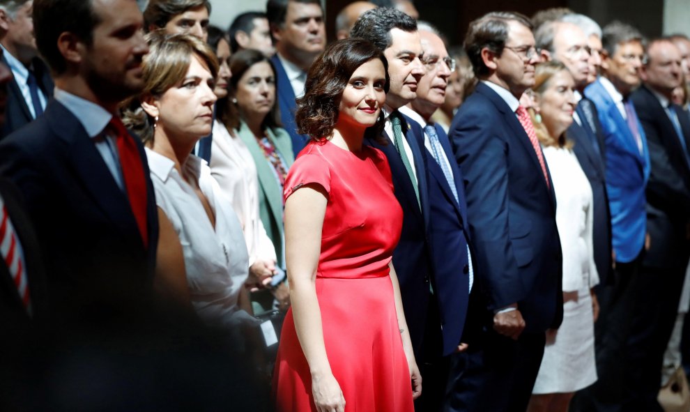 19/08/2019 - Isabel Díaz Ayuso antes de tomar posesión de su cargo como presidenta de la Comunidad de Madrid en un acto que ha tenido lugar en la Real Casa de Correos, con el respaldo de la plana mayor del Partido Popular. EFE / Juan Carlos Hidalgo