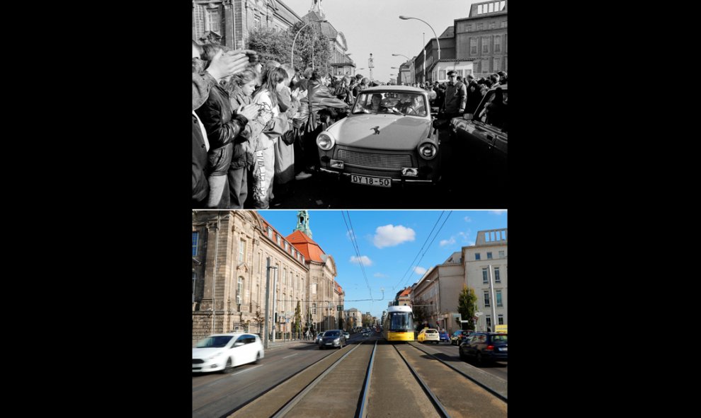 Ciudadanos de Berlín Occidental dando la bienvenida a alemanes orientales que pasan por el punto de control de la frontera del Muro (en la calle Invalidenstrasse) con un automóvil Trabant de la RDA después de la apertura de la frontera en 1989, y (abajo)