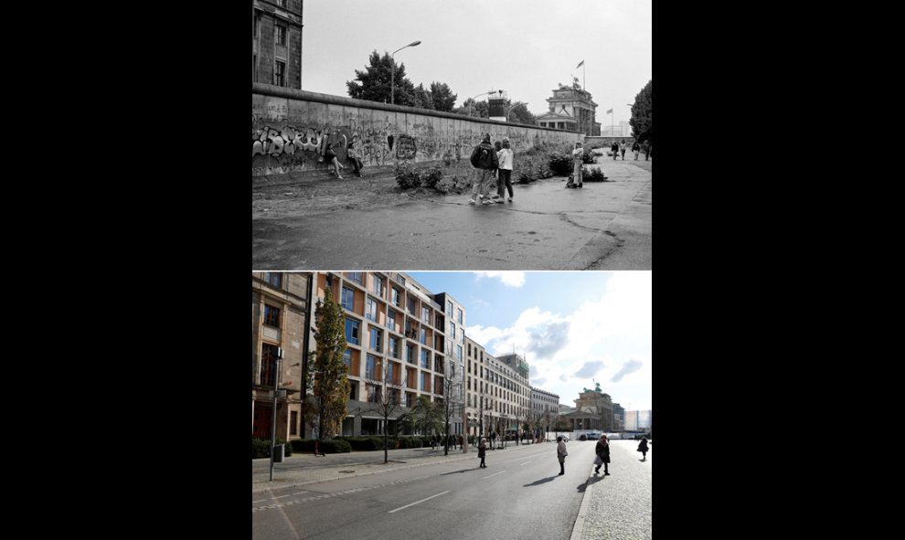 Algunas personas posando frente al Muro de Berlín en la Puerta de Brandenburgo en junio de 1989, y (abajo) una vista general de la calle Ebertstrasse y la Puerta en 2019. Este 9 de noviembre, Alemania celebrará el 30 aniversario de la caída del Muro de Be