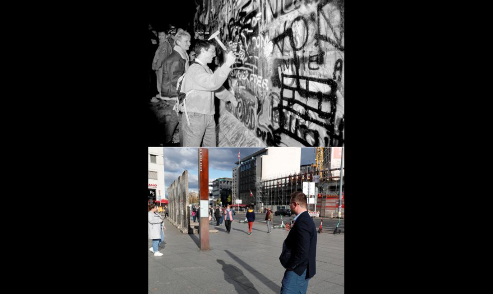 Un hombre martillando una parte del Muro de Berlín cerca de la Potsdamer Platz después de que se anunciara la apertura de la frontera el 9 de noviembre de 1989, y (abajo) la Potsdamer Platz en 2019. Este 9 de noviembre, Alemania celebrará el 30 aniversari