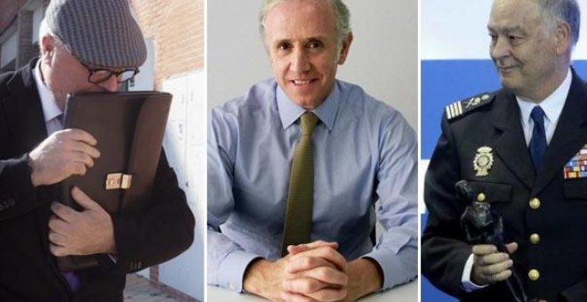 De izquierda a derecha, el excomisario José Manuel Villarejo, el periodista Eduardo Inda, y el ex número dos de la Policía Eugenio Pino. EFE