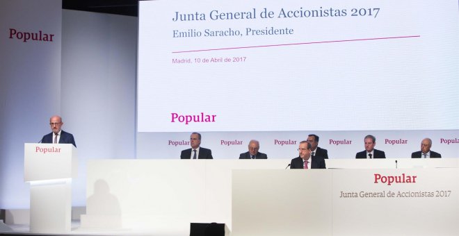 El presidente del Banco Popular, Emilio Saracho, durante su intervención en la junta de accionistas de la entidad. E.P./Máximo García de la Paz