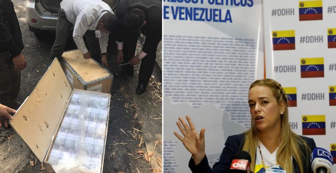 Agentes de la policía científica registran las cajas con dineros de la opositora Lilian Tintori (derecha)- AGENCIAS