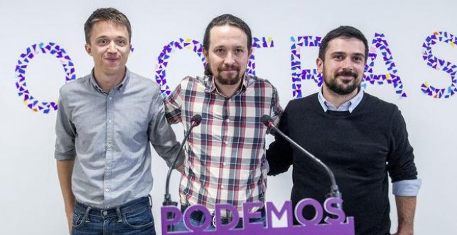 Pablo Iglesias, Íñigo Errejón y Ramón Espinar, antes de anunciar su acuerdo para las primarias de la Comunidad de Madrid. DANI GAGO/PODEMOS