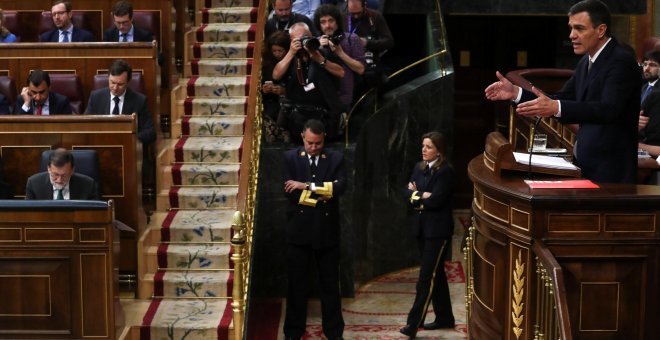 El secretario general del PSOE, Pedro Sanchez, durante su intervención en el debate de la moción de censura contra Mariano Rajoy. REUTERS/Sergio Perez