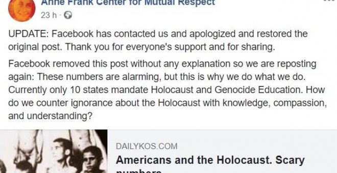 Publicación del Centro Anne Frank para el Respeto Mutuo censurada por Facebook por la fotografía de los niños desnudos víctimas del Holocausto./Facebook