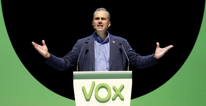 El secretario general de Vox, Javier Ortega Smith, durante el acto de la organización en el Palacio de Vistalegre de Madrid - EFE/ Paolo Aguilar