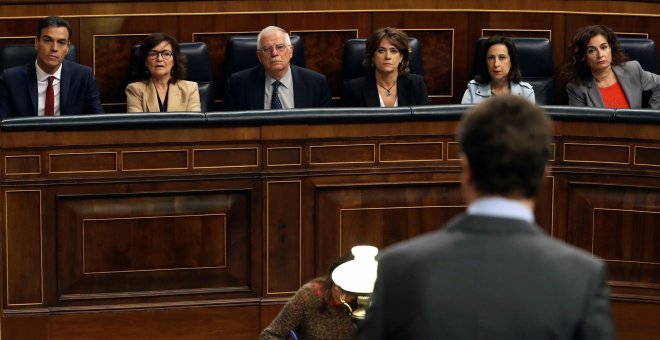 El presidente del PP, Pablo Casado (de espaldas), durante su su pregunta al presidente del Gobierno, Pedro Sánchez, en la sesión de control del Congreso de los Diputados. EFE/Ballesteros