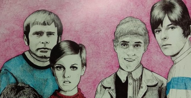 Ilustración de Tete Navarro en la que se puede ver a Long John Baldry, Twiggy, Roger Daltrey, David Bowie, Kenney Jones y Julie Driscoll vestidos con indumentaria mod