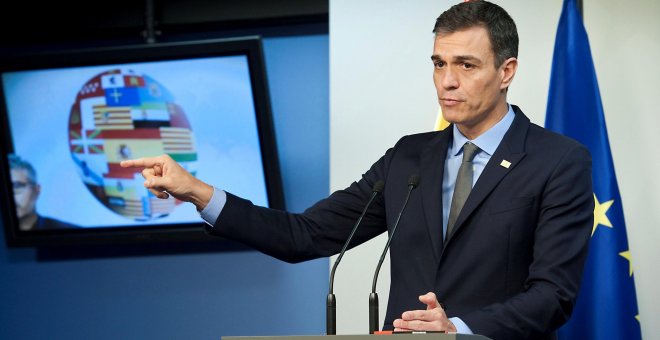 El presidente del Gobierno español, Pedro Sánchez, durante su comparecencia ante los periodistas tras la reunión del Consejo Europeo que avaló el acuerdo entre la Unión Europea y el Reino Unido para hacer efectivo el brexit.- Horst Wagner/EFE