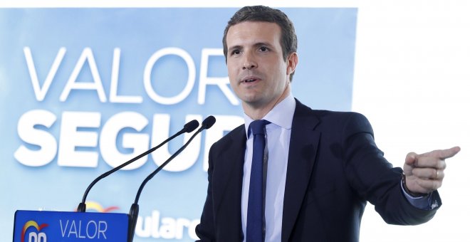 El presidente del PP, Pablo Casado, durante la presentación en Barcelona del programa de su partido para las próximas elecciones generales. EFE/Andreu Dalmau