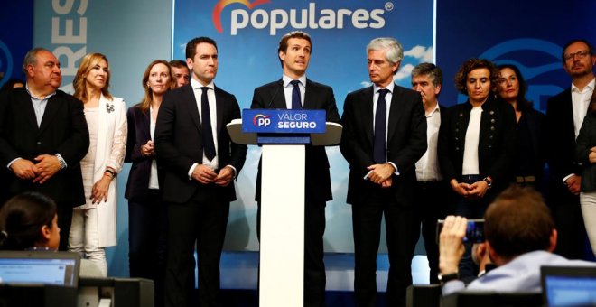 El presidente del PP, Pablo Casado, con sus equipo, valora los resultados de las elecciones del 28-A, en la sede del partido en la madrileña calle de Génova. REUTERS/Juan Medina