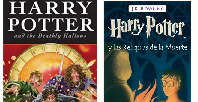 Portada del último libro de la saga Harry Potter en versión británica y en versión española.