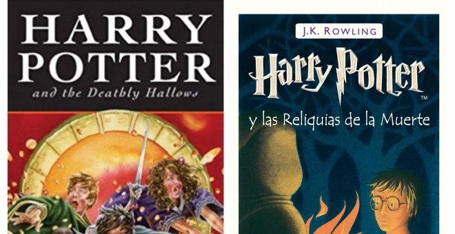 Portada del último libro de la saga Harry Potter en versión británica y en versión española.