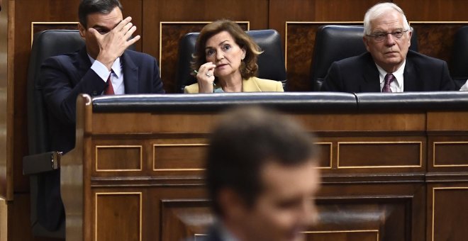 Pedro Sánchez durante el debate de Pablo Casado. AFP/Óscar del Pozo