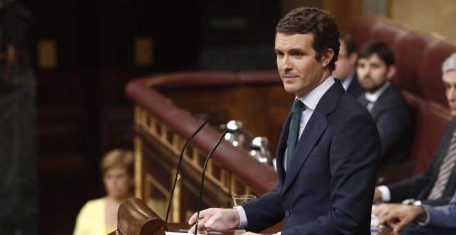 El presidente del Partido Popular, Pablo Casado, durante su intervención en el Congreso el pasado jueves. / EP