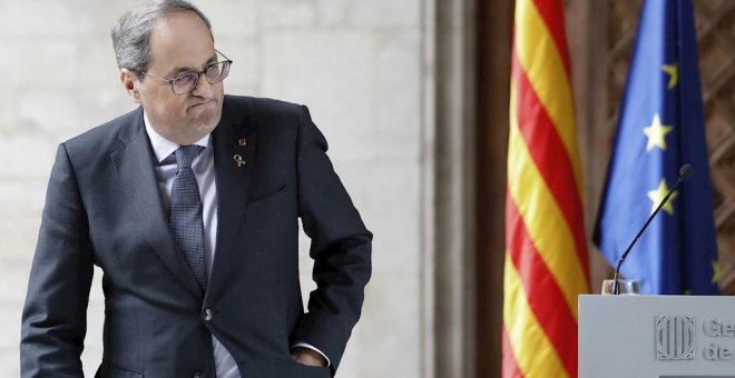 El presidente de la Generalitat, Quim Torra, durante su comparecencia en la Galería Gótica del Palau de la Generalitat. - EFE