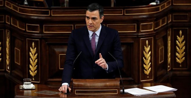 El presidente del Gobierno en funciones, Pedro Sánchez, hoy sábado en el Congreso de los Diputados durante su intervención
