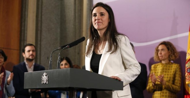 La nueva ministra de Igualdad, Irene Montero, durante su intervención en la toma de posesión de su cargo este lunes 13 de enero de 2020 en Madrid / EFE