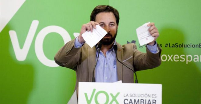 El secretario general de Vox, Santiago Abascal, rompe una papeleta de la consulta soberanista prevista para Cataluña el próximo mes de octubre, durante el acto de inicio de la campaña de las elecciones europeas del 25 de mayo, celebrado hoy en Vitoria.